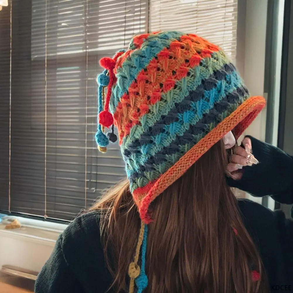Korean Imitation Handmade Crochet Colored Yarn Hat For Women Winter Fashion Nitted Beanie Cap Hm Earflap Tassel Pompom Hat