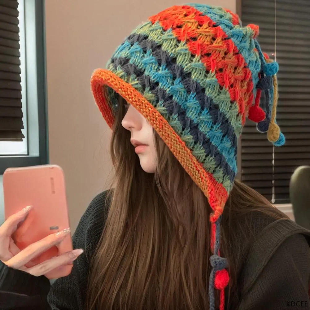 Korean Imitation Handmade Crochet Colored Yarn Hat For Women Winter Fashion Nitted Beanie Cap Hm Earflap Tassel Pompom Hat