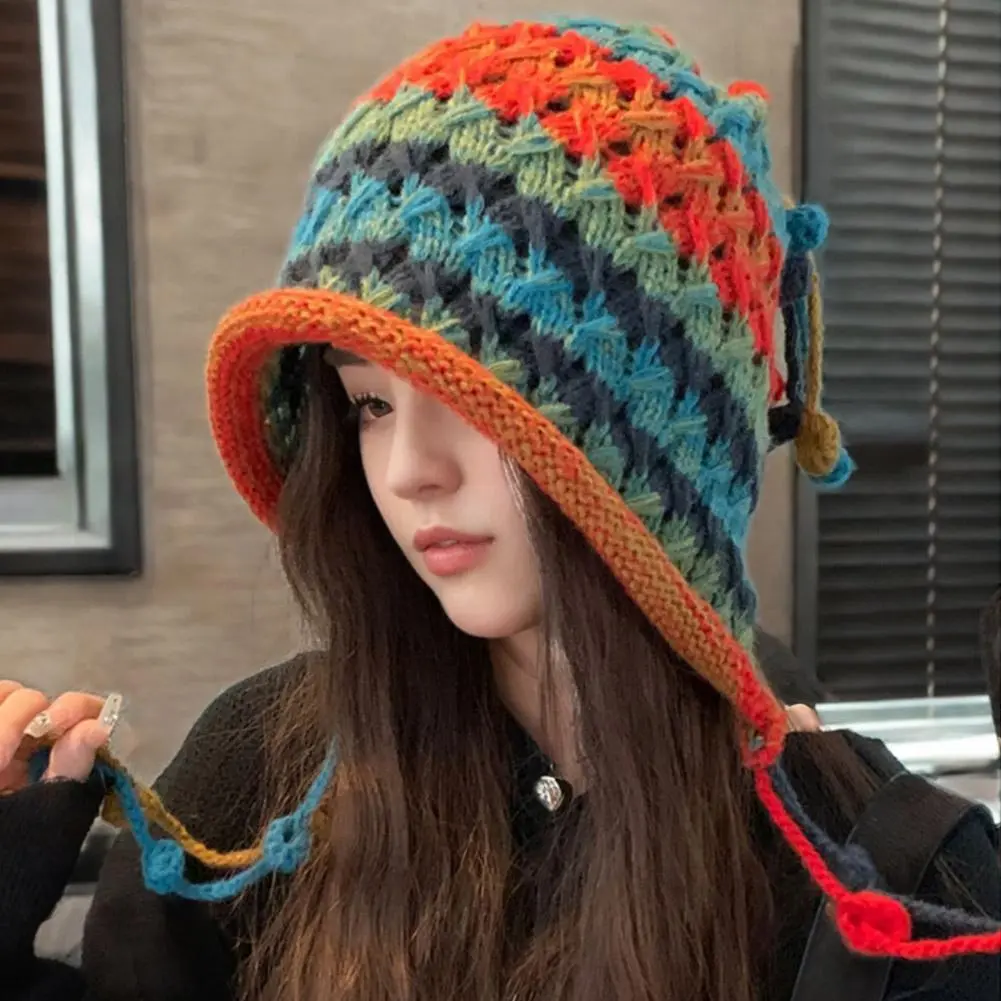 Korean Imitation Handmade Crochet Colored Yarn Hat For Women Winter Fashion Nitted Beanie Cap Hm Earflap Tassel Pompom Hat