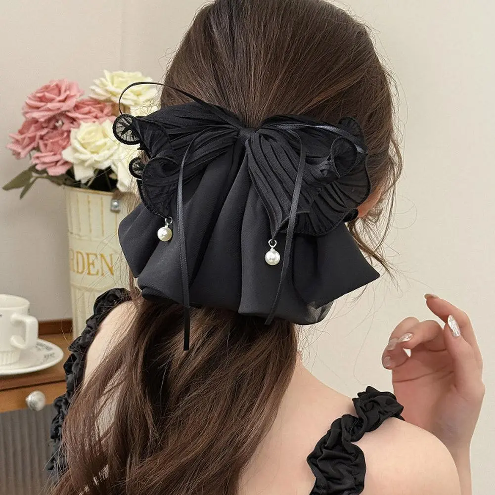 Elegant Grab Clip Bow Ribbon Hair Claw Floral Butterfly C Korean Bowknot Clip Bite Headwear Shark Chiffon Tassel Tail Style E2E7