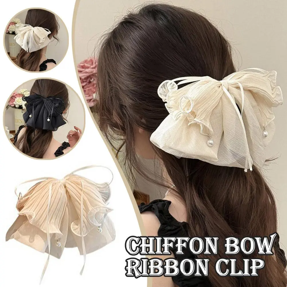 Elegant Grab Clip Bow Ribbon Hair Claw Floral Butterfly C Korean Bowknot Clip Bite Headwear Shark Chiffon Tassel Tail Style E2E7
