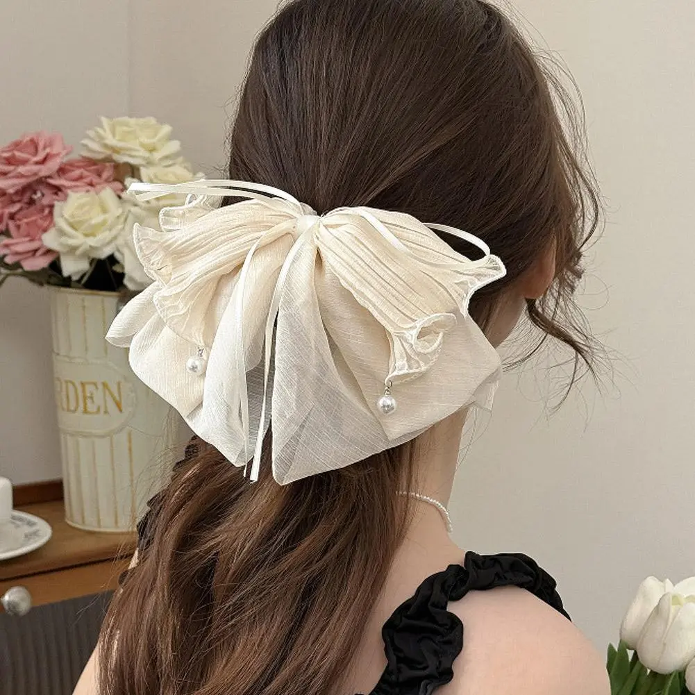 Elegant Grab Clip Bow Ribbon Hair Claw Floral Butterfly C Korean Bowknot Clip Bite Headwear Shark Chiffon Tassel Tail Style E2E7