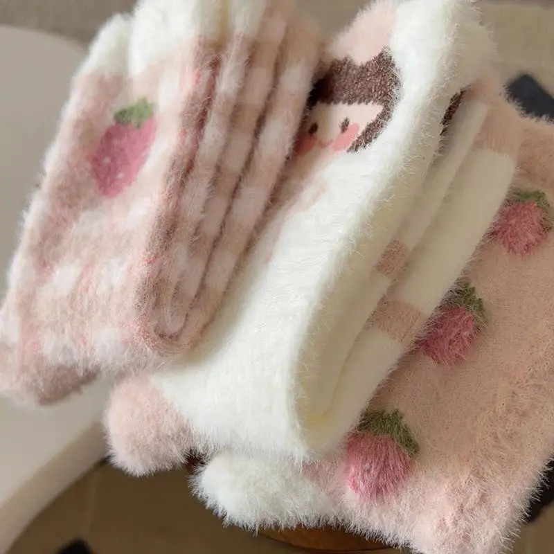 Japanese Cute Socks for Women Winter Thicken Warm Plush Sock Korean Strawberry Print Coral Fleece Floor Sleeping Socks