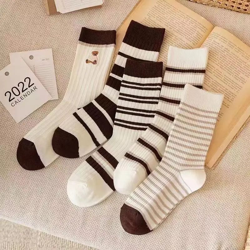 5Pairs Korean Striped Socks for Women Breathable Cotton Mid-tube Sock Autumn Winter Female Lady Sport Socks Sox