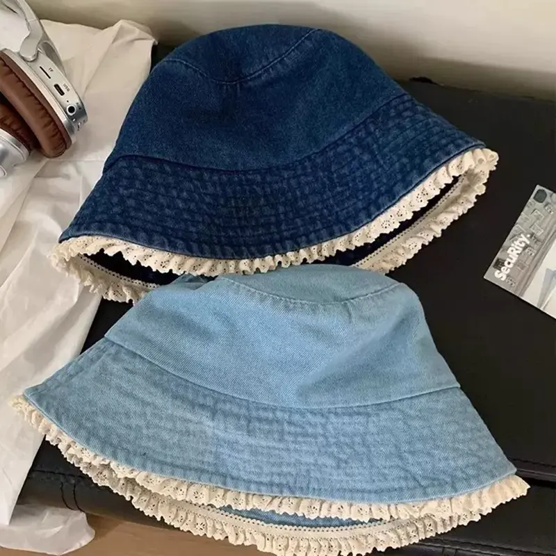 Lace Ruffle Denim Bucket Hat for Women Korean Wide Brim Fisherman Cap Outdoor Sunshade Summer Basin Hats