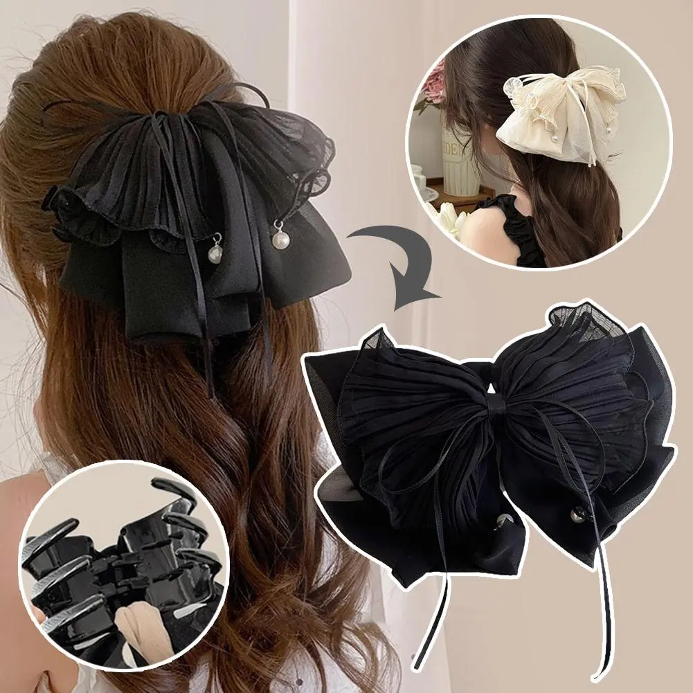 Elegant Grab Clip Bow Ribbon Hair Claw Floral Butterfly C Korean Bowknot Clip Bite Headwear Shark Chiffon Tassel Tail Style E2E7