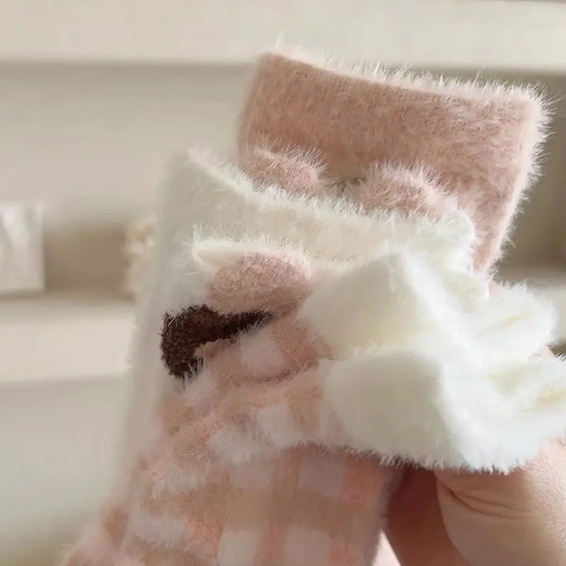 Japanese Cute Socks for Women Winter Thicken Warm Plush Sock Korean Strawberry Print Coral Fleece Floor Sleeping Socks