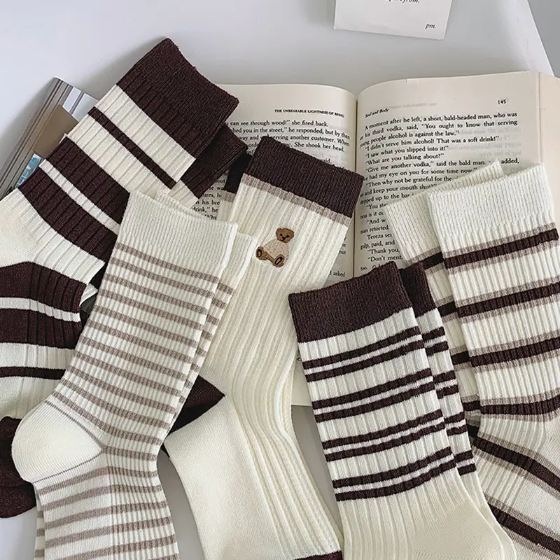 5Pairs Korean Striped Socks for Women Breathable Cotton Mid-tube Sock Autumn Winter Female Lady Sport Socks Sox