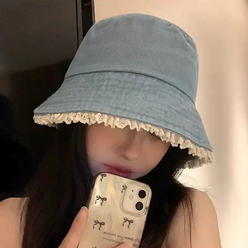 Lace Ruffle Denim Bucket Hat for Women Korean Wide Brim Fisherman Cap Outdoor Sunshade Summer Basin Hats