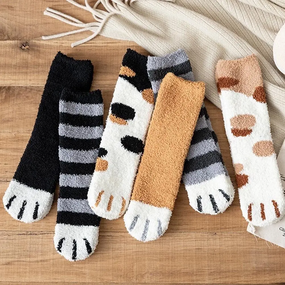 Women Winter Warm Fluffy Socks Cute Animal Claw Cat Paw Footprint Fuzzy Socks Female Thick Coral Fleece Home Floor Sleep Socks
