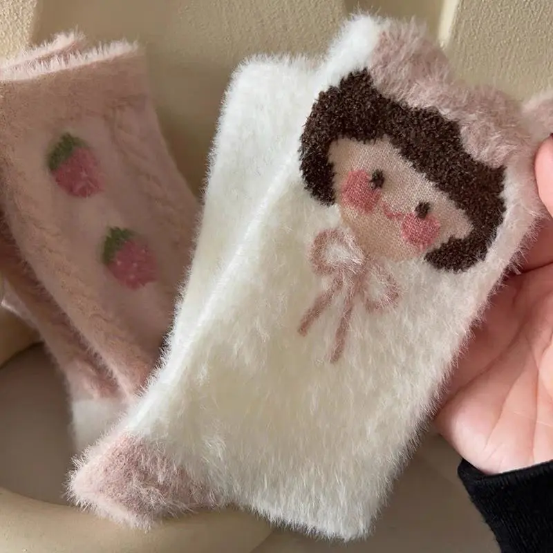 Japanese Cute Socks for Women Winter Thicken Warm Plush Sock Korean Strawberry Print Coral Fleece Floor Sleeping Socks