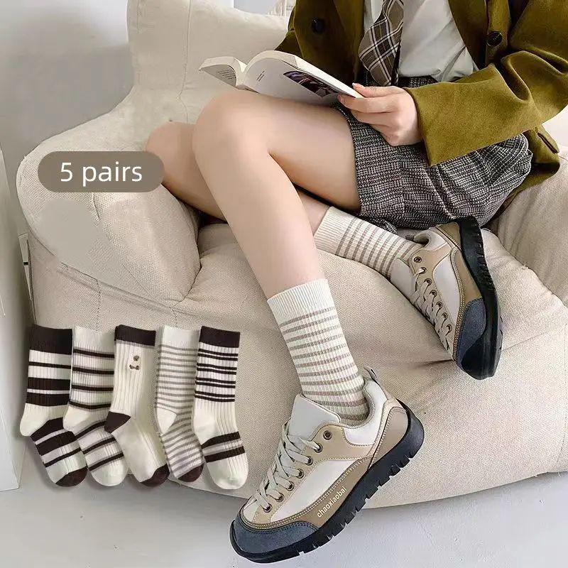 5Pairs Korean Striped Socks for Women Breathable Cotton Mid-tube Sock Autumn Winter Female Lady Sport Socks Sox