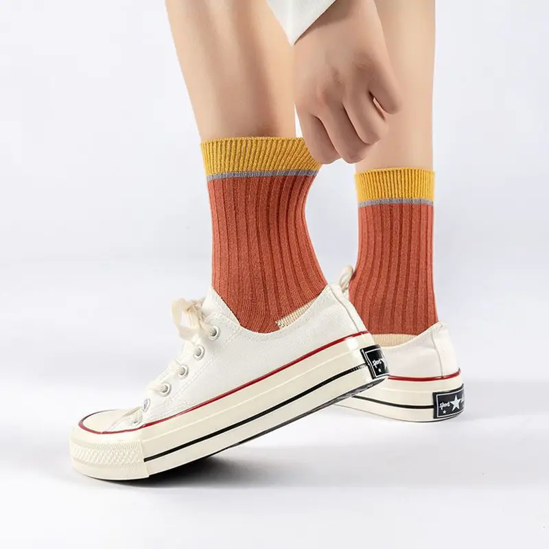 5 Pair/Set Autumn Winter Ribbed Socks for Women Candy Color Striped Mid-tube Sock Korean Soft Warm Socks Calcetines