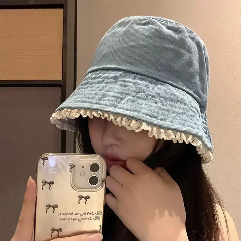 Lace Ruffle Denim Bucket Hat for Women Korean Wide Brim Fisherman Cap Outdoor Sunshade Summer Basin Hats