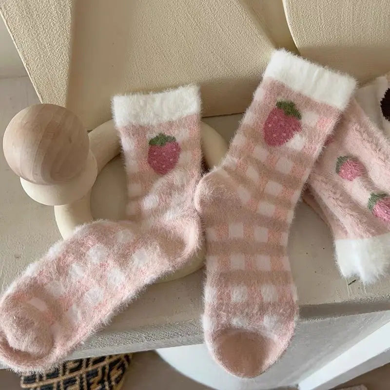 Japanese Cute Socks for Women Winter Thicken Warm Plush Sock Korean Strawberry Print Coral Fleece Floor Sleeping Socks