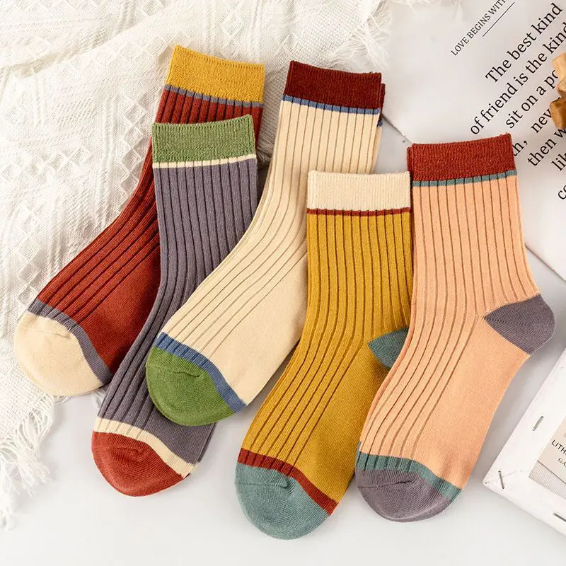5 Pair/Set Autumn Winter Ribbed Socks for Women Candy Color Striped Mid-tube Sock Korean Soft Warm Socks Calcetines