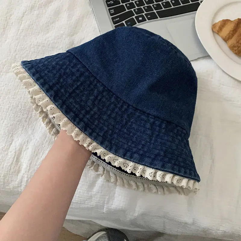 Lace Ruffle Denim Bucket Hat for Women Korean Wide Brim Fisherman Cap Outdoor Sunshade Summer Basin Hats