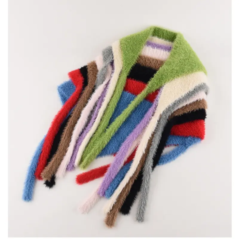Fuffy Fur Headscarf for Women French Style Solid Color Triangular Scarf Autumn Winter Warm Plush Knitted Turban Cap