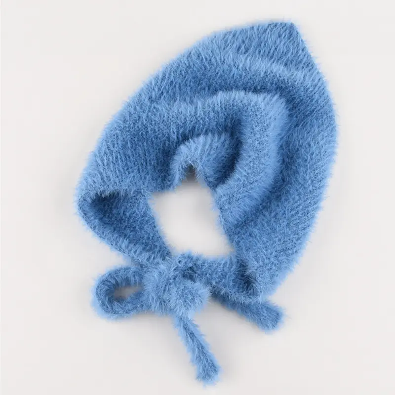 Fuffy Fur Headscarf for Women French Style Solid Color Triangular Scarf Autumn Winter Warm Plush Knitted Turban Cap