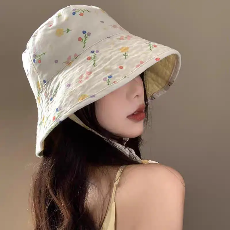 Summer Panama Bucket Hat for Women Double Sided Floral Print Fisherman Hats Outdoor Travel Sunscreen Female Sun Hats