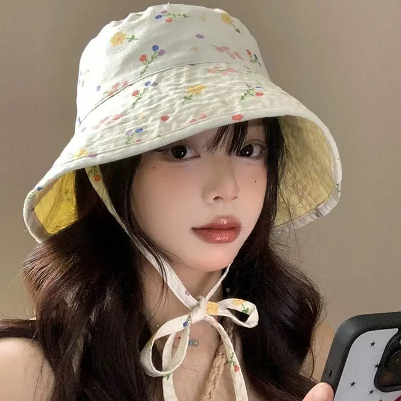 Summer Panama Bucket Hat for Women Double Sided Floral Print Fisherman Hats Outdoor Travel Sunscreen Female Sun Hats