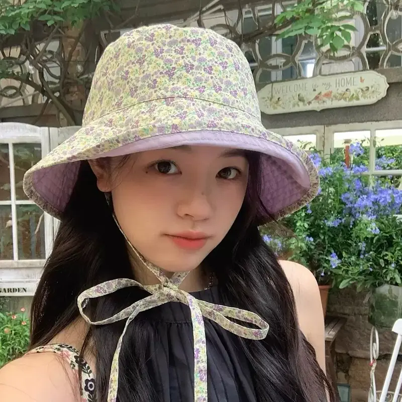 Summer Panama Bucket Hat for Women Double Sided Floral Print Fisherman Hats Outdoor Travel Sunscreen Female Sun Hats