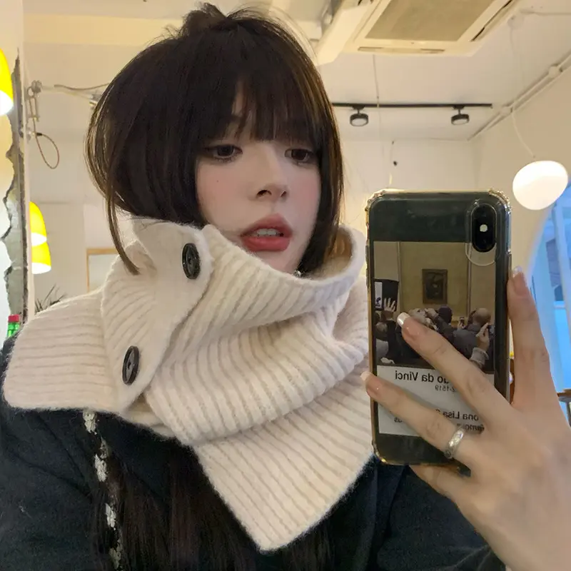 Winter Warm Knitted Collar Scarf Women Korean Thicken High Neck Wraps Solid Color Button Woolen Fake Collar Pullover Shawl