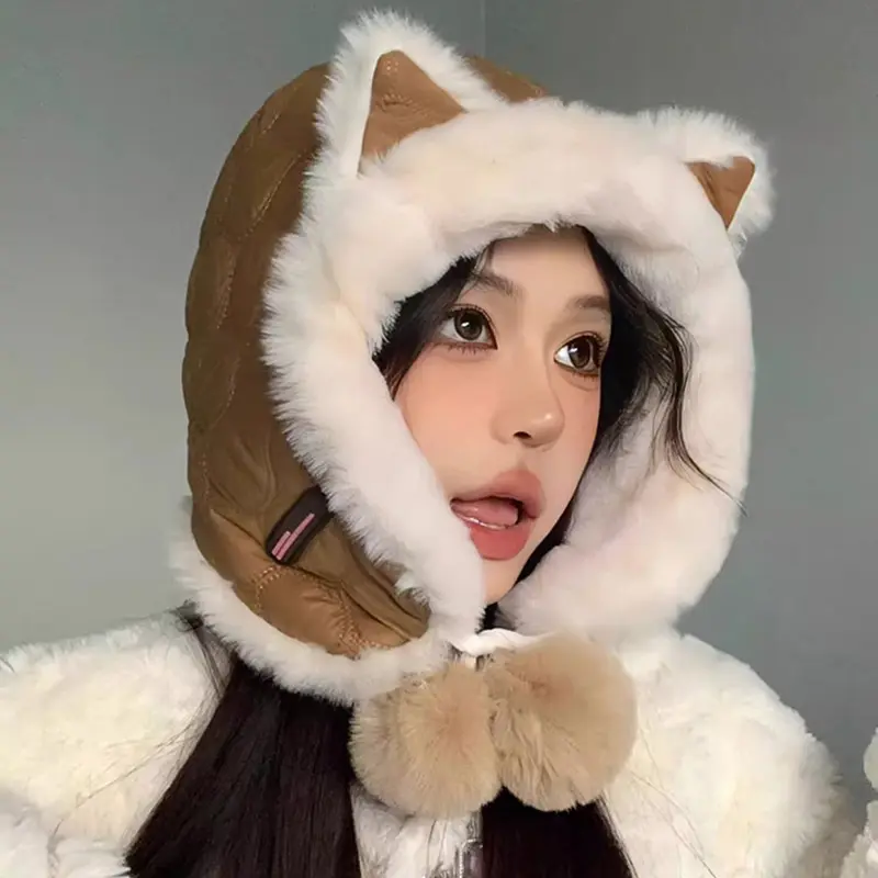 Winter Warm Bomber Hat for Women Cute Cat Plush Ear Protection Cap Outdoor Cycling Headgear Bonnet Fluffy Fur Pullover Caps