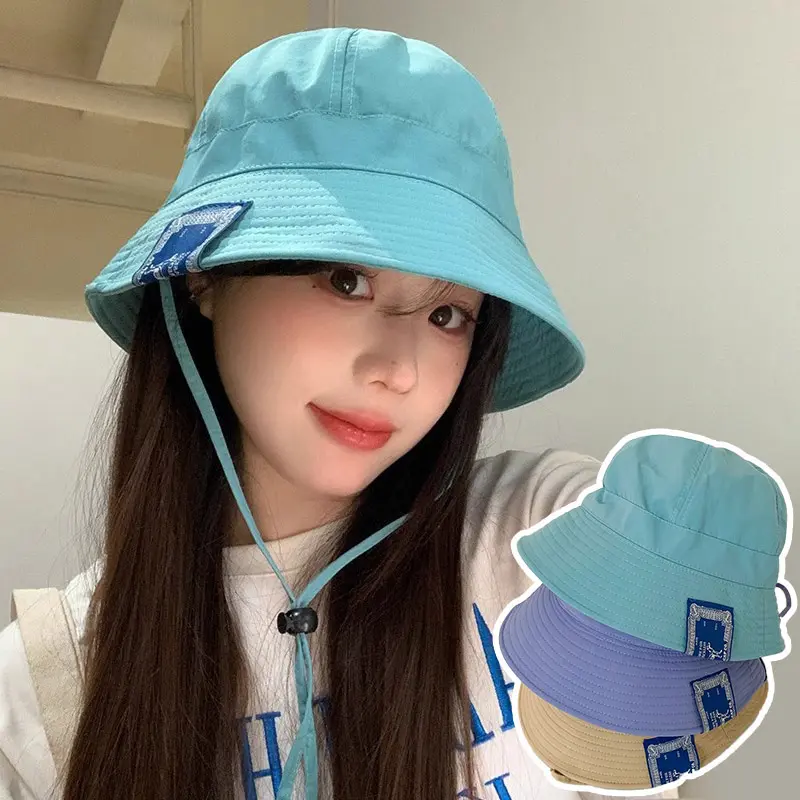Korean Bucket Hat for Women Summer Foldable Sunshade Fisherman Cap Girls Solid Color Windbreak Rope Panama Sun Visors