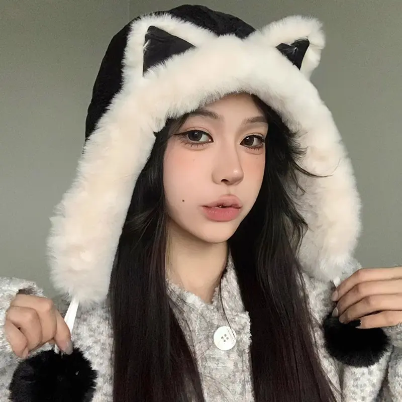 Winter Warm Bomber Hat for Women Cute Cat Plush Ear Protection Cap Outdoor Cycling Headgear Bonnet Fluffy Fur Pullover Caps