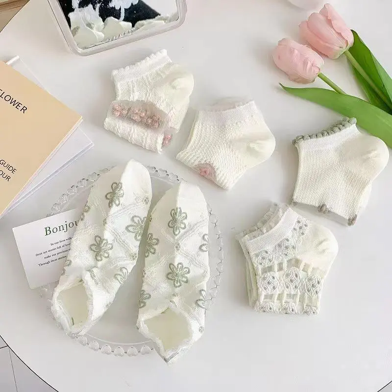 Korean Ins Flower Socks Women Summer Mesh Transparent Sock Harajuku Sweet Floral Breathable Casual Female Short Socks