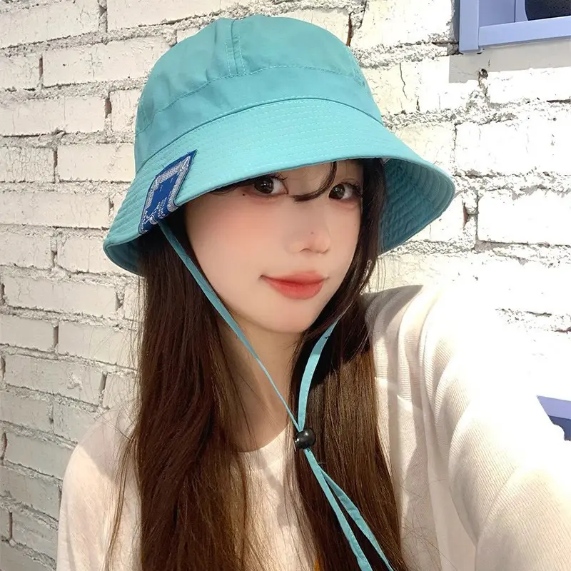 Korean Bucket Hat for Women Summer Foldable Sunshade Fisherman Cap Girls Solid Color Windbreak Rope Panama Sun Visors