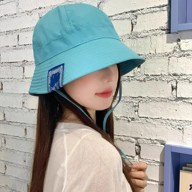 Korean Bucket Hat for Women Summer Foldable Sunshade Fisherman Cap Girls Solid Color Windbreak Rope Panama Sun Visors