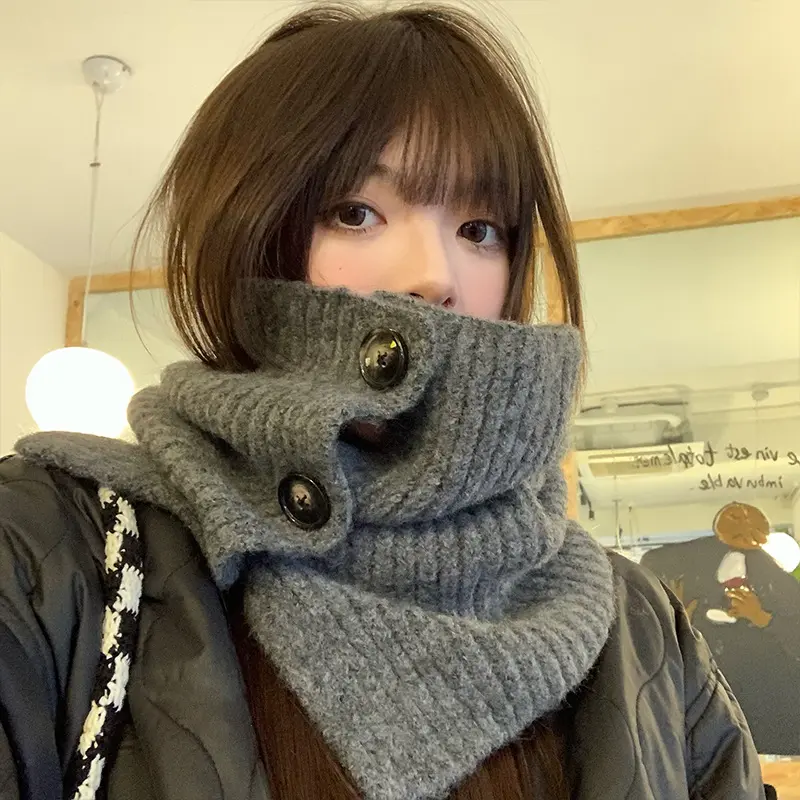Winter Warm Knitted Collar Scarf Women Korean Thicken High Neck Wraps Solid Color Button Woolen Fake Collar Pullover Shawl