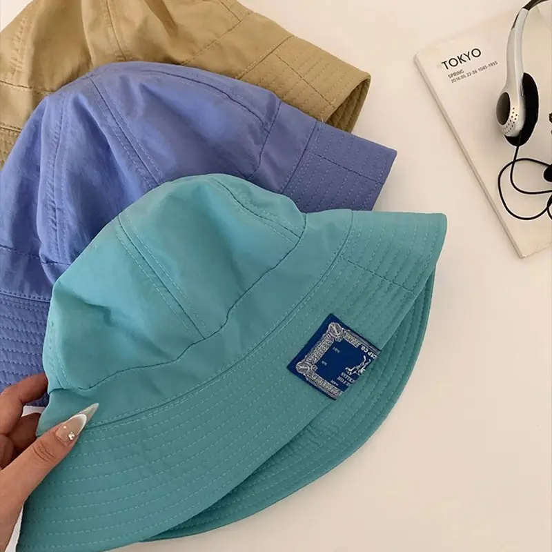 Korean Bucket Hat for Women Summer Foldable Sunshade Fisherman Cap Girls Solid Color Windbreak Rope Panama Sun Visors