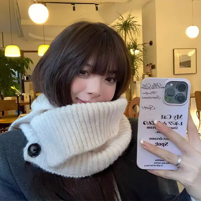 Winter Warm Knitted Collar Scarf Women Korean Thicken High Neck Wraps Solid Color Button Woolen Fake Collar Pullover Shawl