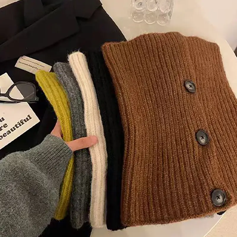 Winter Warm Knitted Collar Scarf Women Korean Thicken High Neck Wraps Solid Color Button Woolen Fake Collar Pullover Shawl