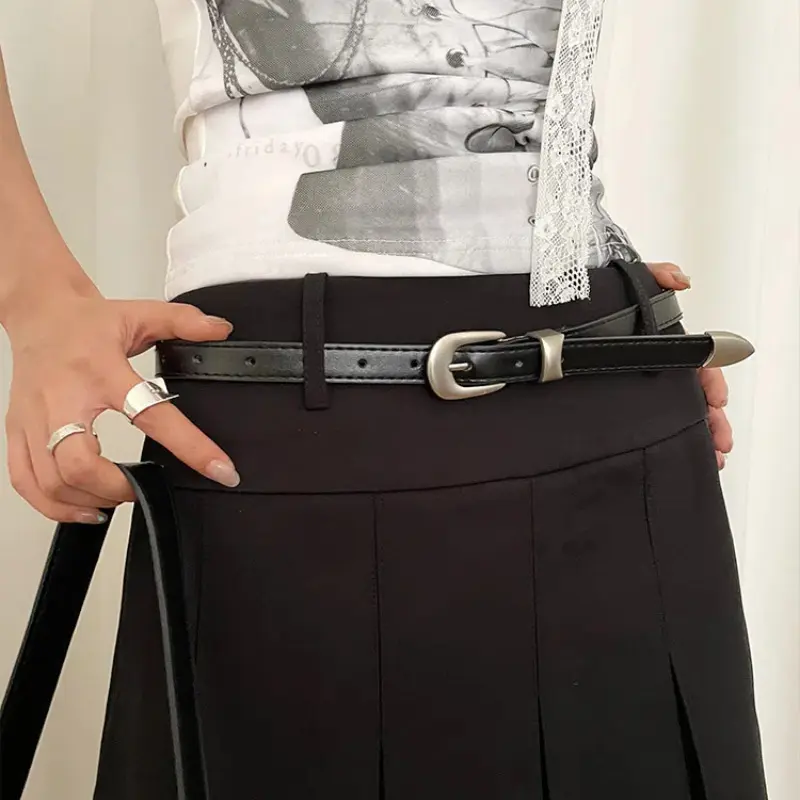 Punk Metal Buckle Thin Belts for Women Y2K Girls PU Leather Waistband Vintage Gothic Pants Jeans Dress Lady Decor Belts