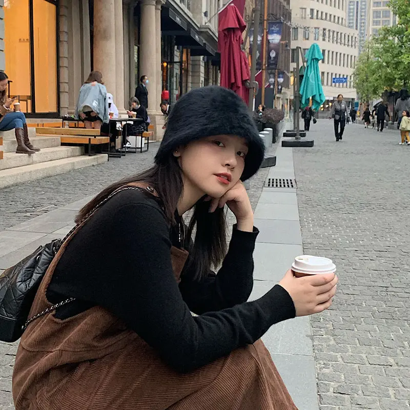 Winter Rabbit Fur Bucket Hat Women Korean Solid Color Warm Fisherman Cap Autumn Thicken Plush Female Windproof Hats