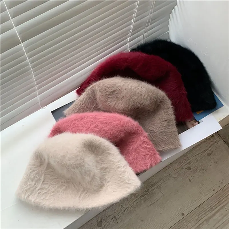 Winter Rabbit Fur Bucket Hat Women Korean Solid Color Warm Fisherman Cap Autumn Thicken Plush Female Windproof Hats