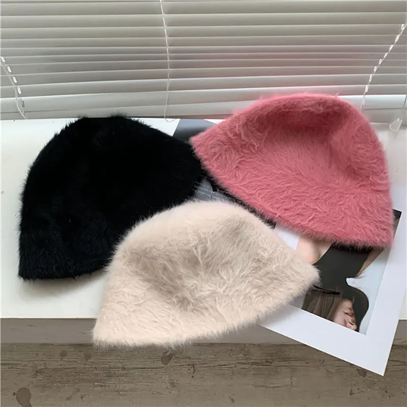 Winter Rabbit Fur Bucket Hat Women Korean Solid Color Warm Fisherman Cap Autumn Thicken Plush Female Windproof Hats