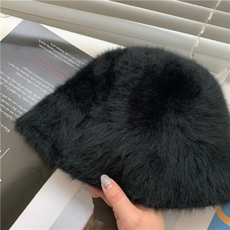 Winter Rabbit Fur Bucket Hat Women Korean Solid Color Warm Fisherman Cap Autumn Thicken Plush Female Windproof Hats