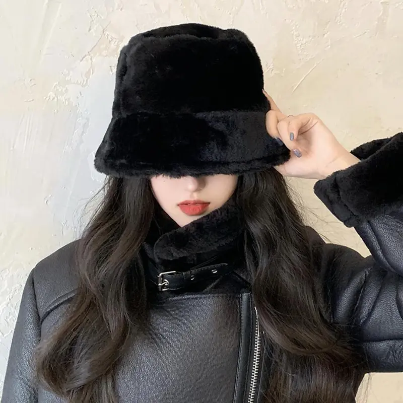 Winter Plush Bucket Hat for Women Autumn Faux Fur Warm Fisherman Cap Solid Leopard Outdoor Thicken Lady Girls Panama Sun Caps