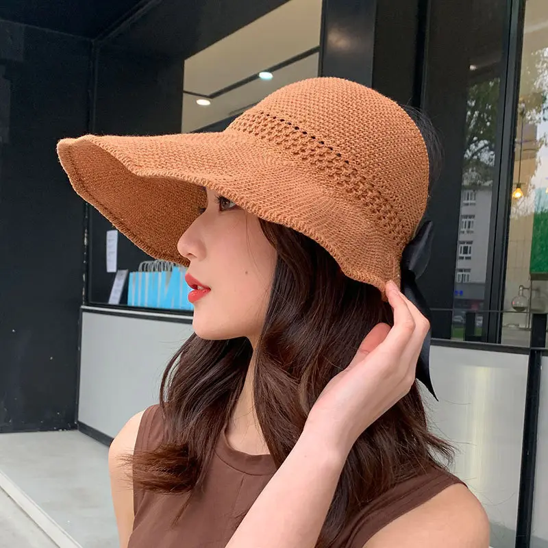 Summer Straw Hat for Women Korean Bow Empty Top Sun Hats Foldable UV Protection Wide Brim Female Beach Visor Caps 여름모자