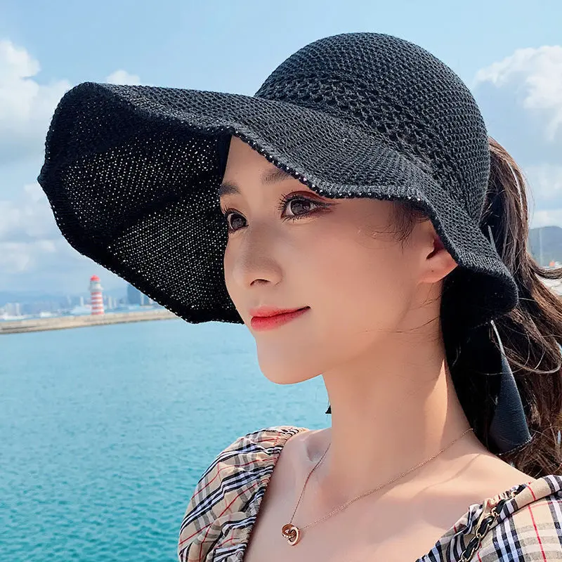 Summer Straw Hat for Women Korean Bow Empty Top Sun Hats Foldable UV Protection Wide Brim Female Beach Visor Caps 여름모자