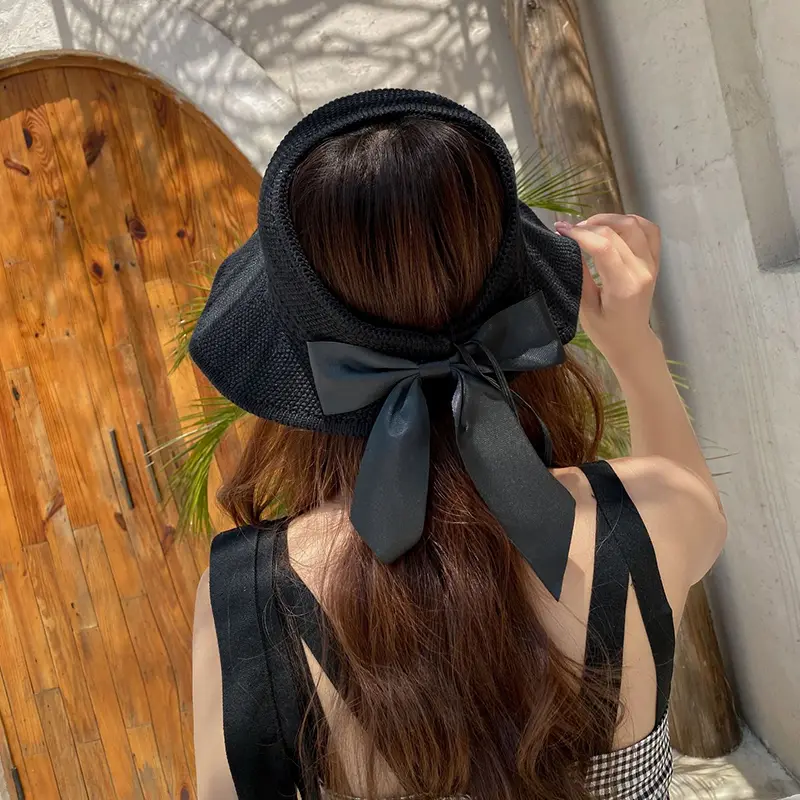 Summer Straw Hat for Women Korean Bow Empty Top Sun Hats Foldable UV Protection Wide Brim Female Beach Visor Caps 여름모자