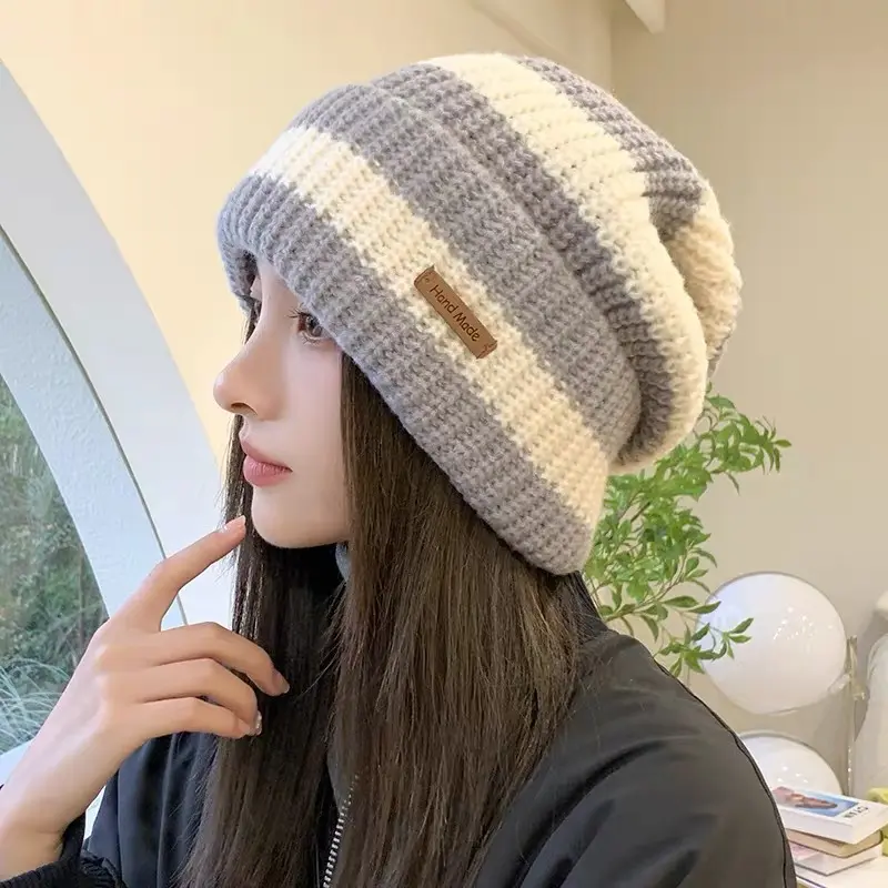 Korean Striped Beanie Cap for Women Winter Ear Protection Skullies Cap Fashion Warm Thicken Woolen Knitted Hats