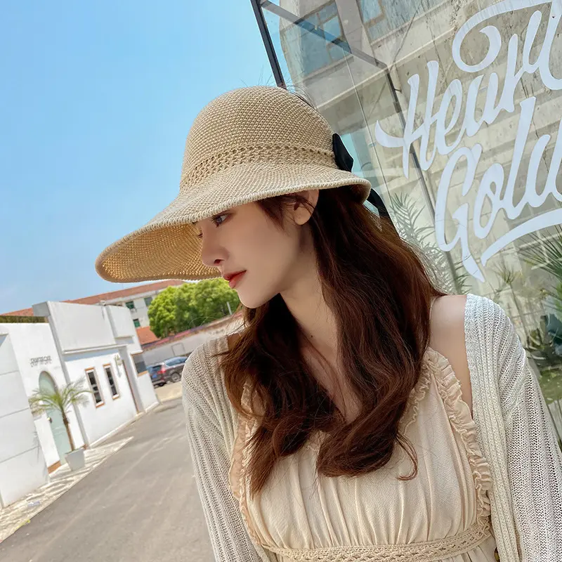 Summer Straw Hat for Women Korean Bow Empty Top Sun Hats Foldable UV Protection Wide Brim Female Beach Visor Caps 여름모자