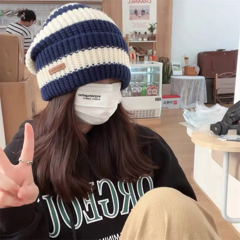 Korean Striped Beanie Cap for Women Winter Ear Protection Skullies Cap Fashion Warm Thicken Woolen Knitted Hats
