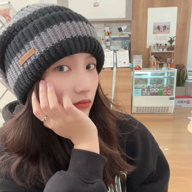 Korean Striped Beanie Cap for Women Winter Ear Protection Skullies Cap Fashion Warm Thicken Woolen Knitted Hats